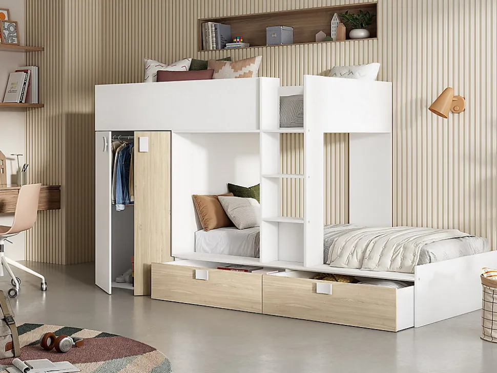 Lits Superposés 2 x 90 x 190 cm - Armoire intégrée - Blanc et naturel - JUANITO