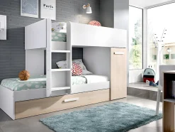 Lits superposés avec tiroir lit gigogne et rangements 3 x 90 x 190 cm - Blanc et Naturel + matelas - ANTHONY
