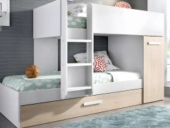 Lits superposés avec tiroir lit gigogne et rangements 3 x 90 x 190 cm - Blanc et Naturel + matelas - ANTHONY