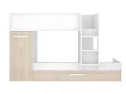 Lits superposés avec tiroir lit gigogne et rangements 3 x 90 x 190 cm - Blanc et Naturel + matelas - ANTHONY