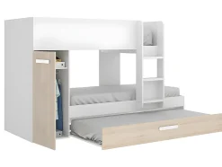 Lits superposés avec tiroir lit gigogne et rangements 3 x 90 x 190 cm - Blanc et Naturel + matelas - ANTHONY