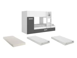 Lits superposés avec tiroir lit gigogne et rangements 3 x 90 x 190 cm - Anthracite et Blanc + matelas - ANTHONY