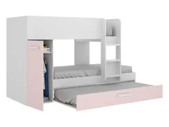 Lits superposés avec tiroir lit gigogne et rangements 3 x 90 x 190 cm - Blanc et rose - ANTHONY