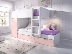Lits superposés avec tiroir lit gigogne et rangements 3 x 90 x 190 cm - Blanc et rose - ANTHONY
