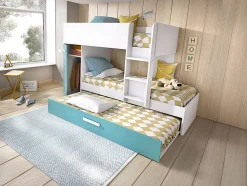 Lits superposés avec tiroir lit gigogne et rangements 3 x 90 x 190 cm - Blanc et bleu - ANTHONY