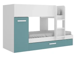 Lits superposés avec tiroir lit gigogne et rangements 3 x 90 x 190 cm - Blanc et bleu - ANTHONY