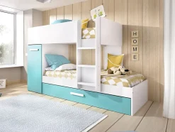 Lits superposés avec tiroir lit gigogne et rangements 3 x 90 x 190 cm - Blanc et bleu - ANTHONY