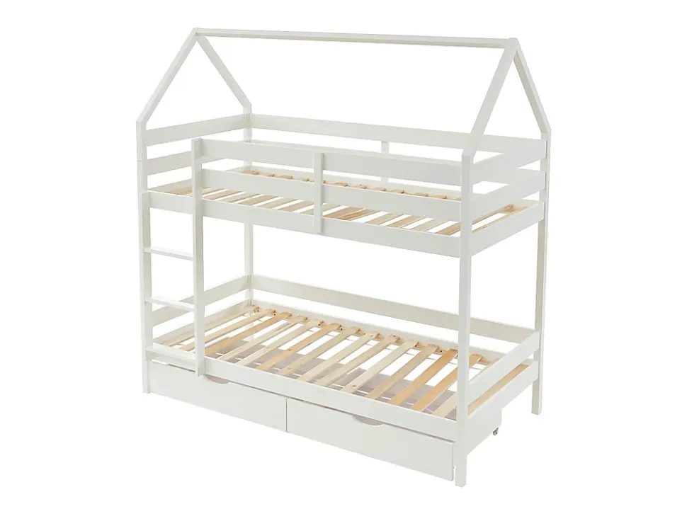 Lits superposés cabane 2 x 90 x 190 cm - 2 tiroirs - Pin - Blanc - CHORI