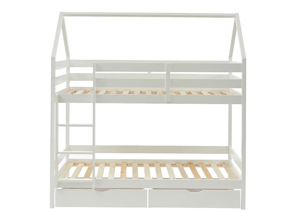 Lits superposés cabane 2 x 90 x 190 cm - 2 tiroirs - Pin - Blanc - CHORI