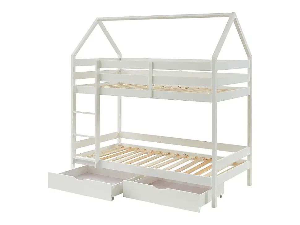 Lits superposés cabane 2 x 90 x 190 cm - 2 tiroirs - Pin - Blanc - CHORI