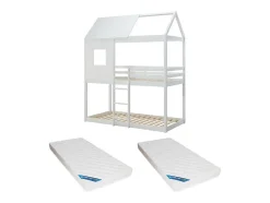 Lits superposés cabane 2 x 90 x 190 cm - Pin et MDF - Blanc + Matelas - LIDOVARA