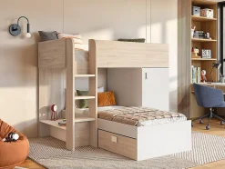 Lits superposés d'angle réversibles RICARDO - 2 x 90 x 190 cm - Rangements intégrés - Chêne et blanc