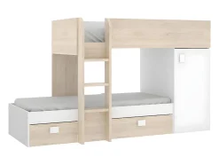 Lits superposés d'angle réversibles RICARDO - 2 x 90 x 190 cm - Rangements intégrés - Chêne et blanc