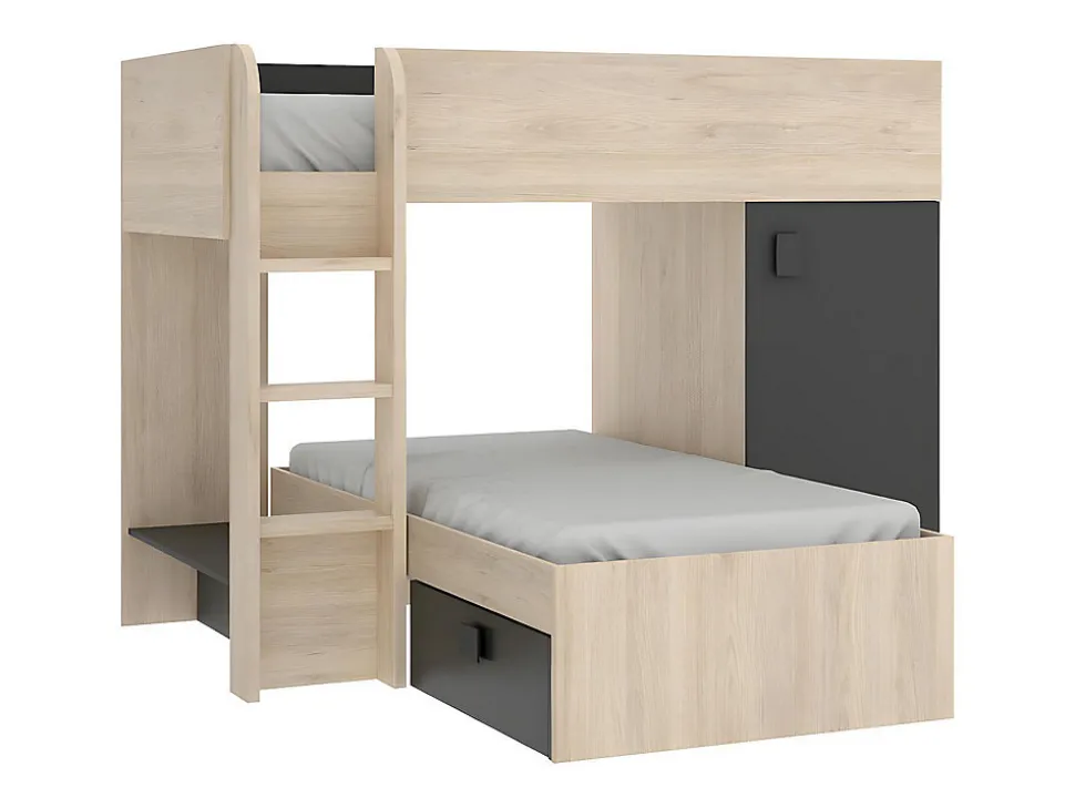 Lits superposés d'angle réversibles RICARDO - 2 x 90 x 190 cm - Rangements intégrés - Chêne et anthracite