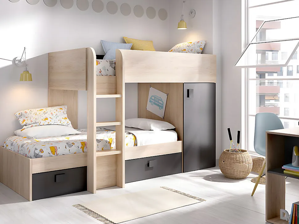 Lits superposés d'angle réversibles RICARDO - 2 x 90 x 190 cm - Rangements intégrés - Chêne et anthracite