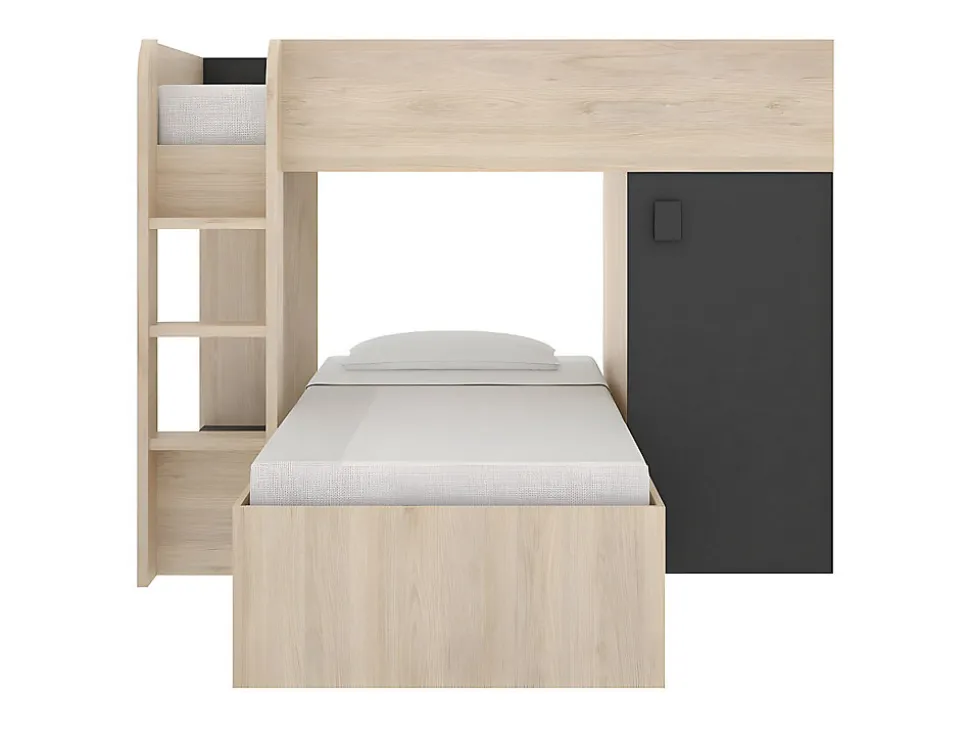 Lits superposés d'angle réversibles RICARDO - 2 x 90 x 190 cm - Rangements intégrés - Chêne et anthracite