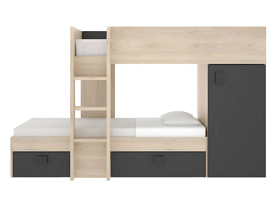 Lits superposés d'angle réversibles RICARDO - 2 x 90 x 190 cm - Rangements intégrés - Chêne et anthracite