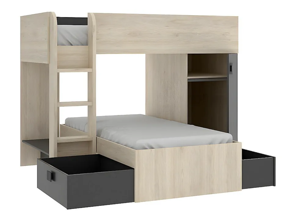 Lits superposés d'angle réversibles RICARDO - 2 x 90 x 190 cm - Rangements intégrés - Chêne et anthracite