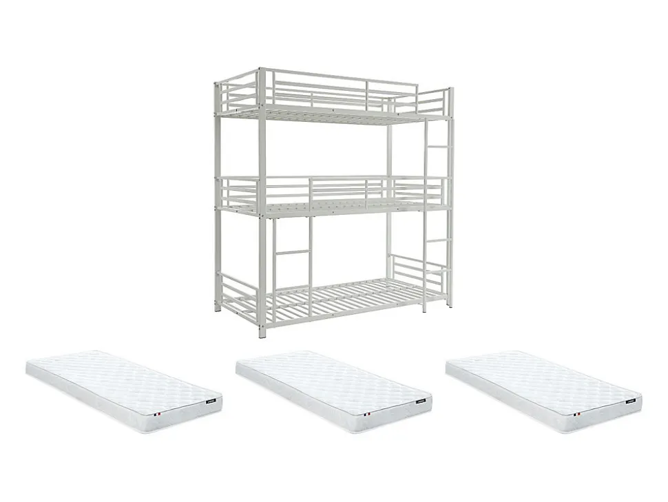 Lits superposés triple 3 x 90 x 190 cm - Métal - Blanc + Matelas - ELOUAN III