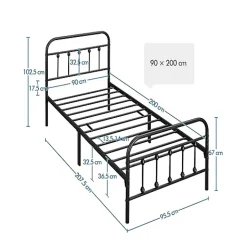 Lot 2 Cadres de Lit Simple 90x200cm Métal Noir + Sommiers à Lattes Design Moderne Chambre
