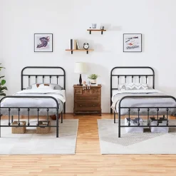 Lot 2 Cadres de Lit Simple 90x200cm Métal Noir + Sommiers à Lattes Design Moderne Chambre