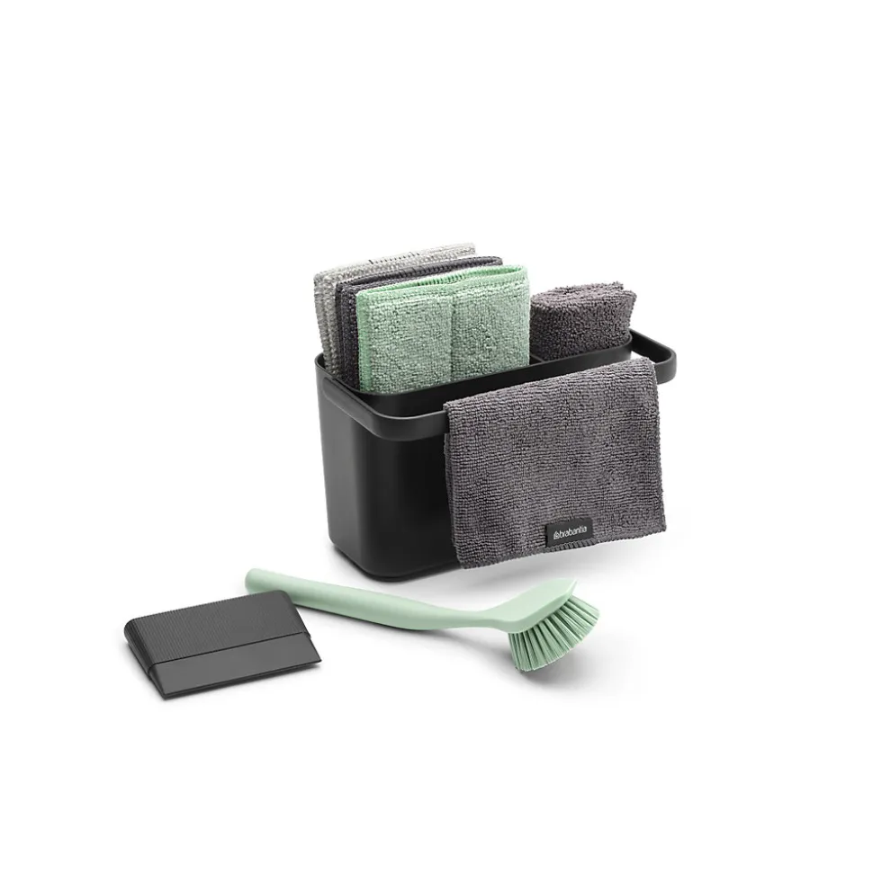 Lot d'accessoires de cuisine avec brosse à vaisselle, raclette, 3 éponges en microfibres et 2 chiffons de nettoyage, gris foncé, Brabantia SinkSide