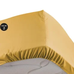 Lot de 2 Drap housse 100% percale ultra doux 160 x 200 cm 78 fils bonnet 30 cm Jaune