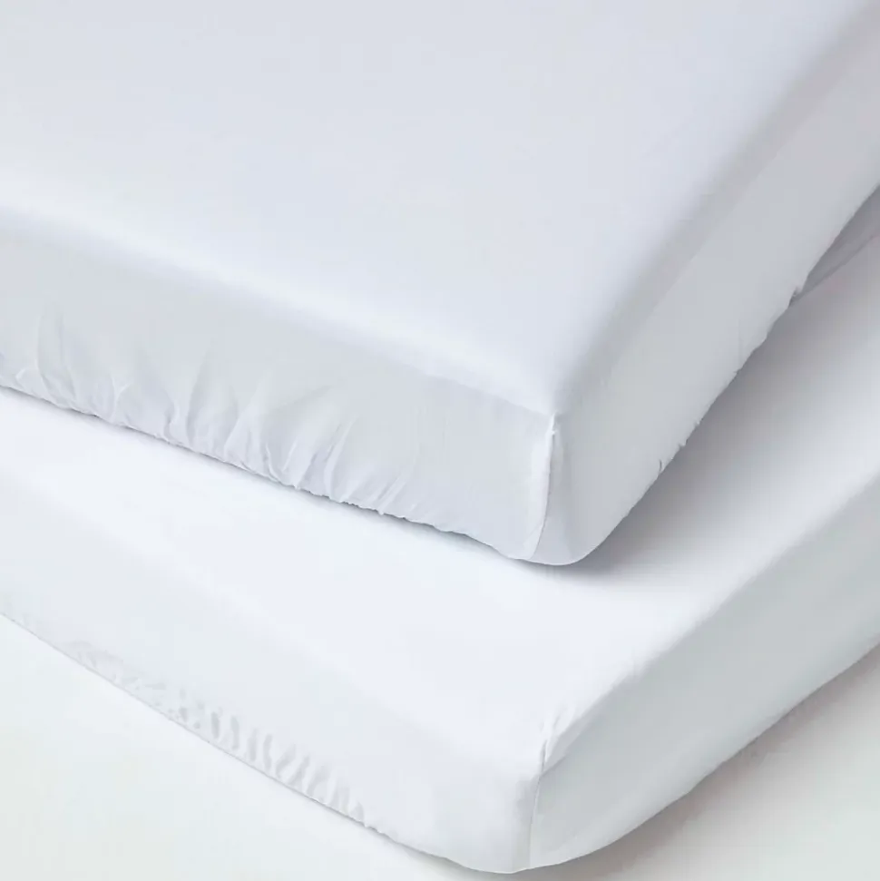 Lot de 2 draps housse lit bébé en coton égyptien bio 400 fils blanc, 70 x 140 cm - HOMESCAPES