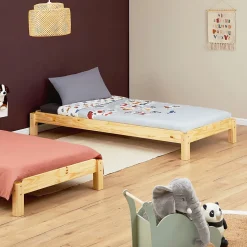 Lot de 2 lits superposables 90x190 cm RINO en pin massif, vernis naturel