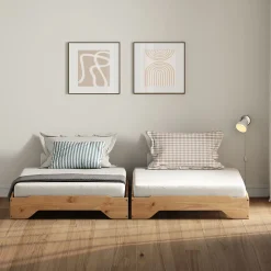 Lot de 2 lits superposables RONNY en bois massif 90 x 200 cm - Coloris chêne