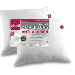 Lot de 2 oreillers anti-acariens - 60 x 60 cm - 100% coton traité Bio - ABEIL