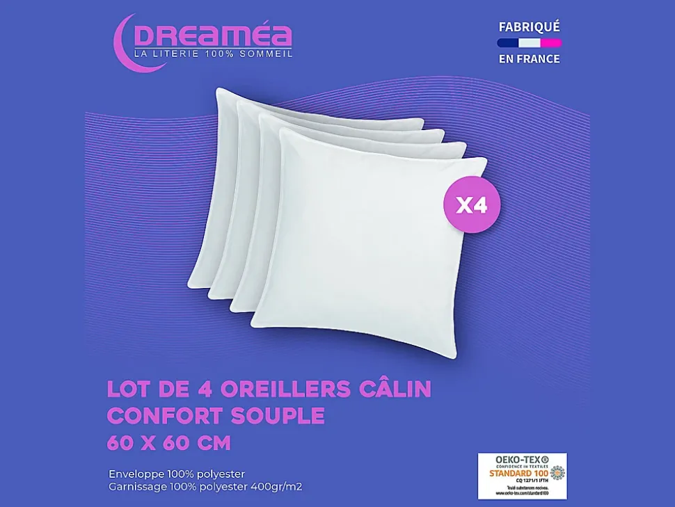 Lot de 4 oreillers câlin 60 x 60 cm - 400 gr - Blanc - TORIVIA