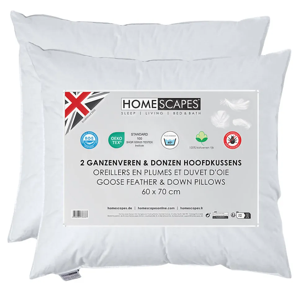 Lot de 2 oreillers en plumes et duvet d'oie, 60 x 70 cm - HOMESCAPES