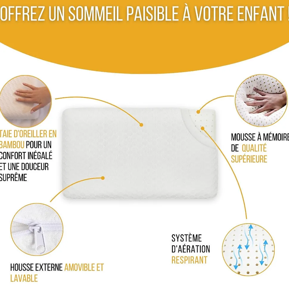 Lot de 2 oreillers enfant respirant en tissu de bambou 50x30x5,5 - INPHYSIO