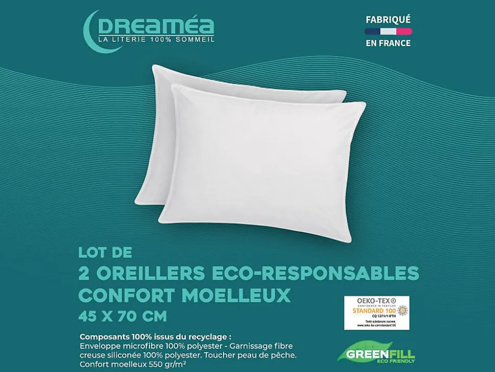 Lot de 2 oreillers recyclés 45 x 70 cm de DREAMEA - Enveloppe 100% microfibre - ROSA