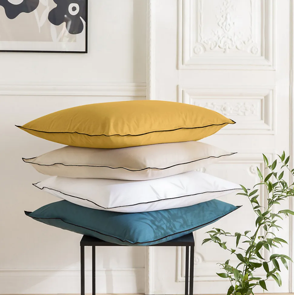 Lot de 2 taies d'oreiller unies en coton finition bourdon 65x65cm