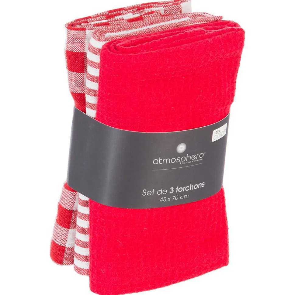 Lot de 3 torchons en coton 45x70 - Rouge- Atmosphera