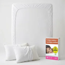 Lot Protège-Matelas 140x190 + 2 Protège-Oreillers 65x65 - Bouclette Éponge Coton Absorbante