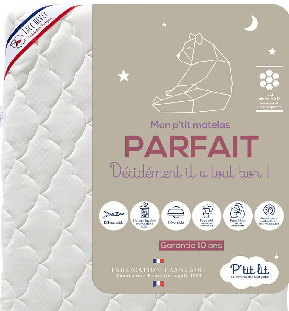 Matelas Enfant/Bébé Parfait - 2 Faces : Respirant l'Été / Douillet l'Hiver - Déhoussable - Anti Acarien
