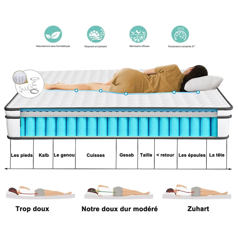 Matelas hybride à ressorts ensachés 200x90x25 cm, Indépendance de couchage, soutien ergonomique, tissu respirant 3D, Blanc et gris