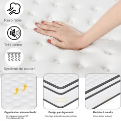 Matelas hybride à ressorts ensachés 200x90x25 cm, Indépendance de couchage, soutien ergonomique, tissu respirant 3D, Blanc et gris