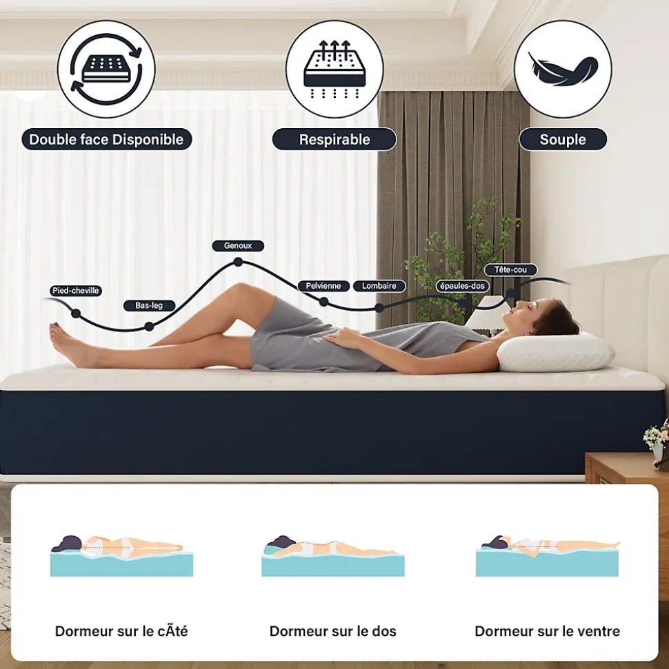 Matelas mousse 160x200, 32 cm Matelas en mousse, Advanced Sleep Care, Respirant, Zone 7, réversible des deux côtés