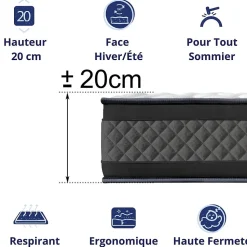 Matelas Mousse 90x190 Onyx, Ferme, Réversible, Côté Été/hiver, H20 Cm