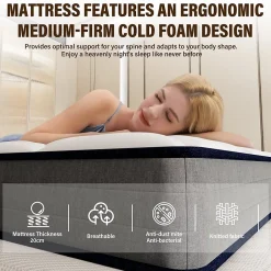Matelas Ressorts 140x190 Épaisseur 20 cm, Confort, 7 Zones Ergonomique