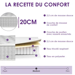 Matelas Ressorts 160x200 Épaisseur 20 cm Confort,Ergonomique 7 Zones Ergonomique
