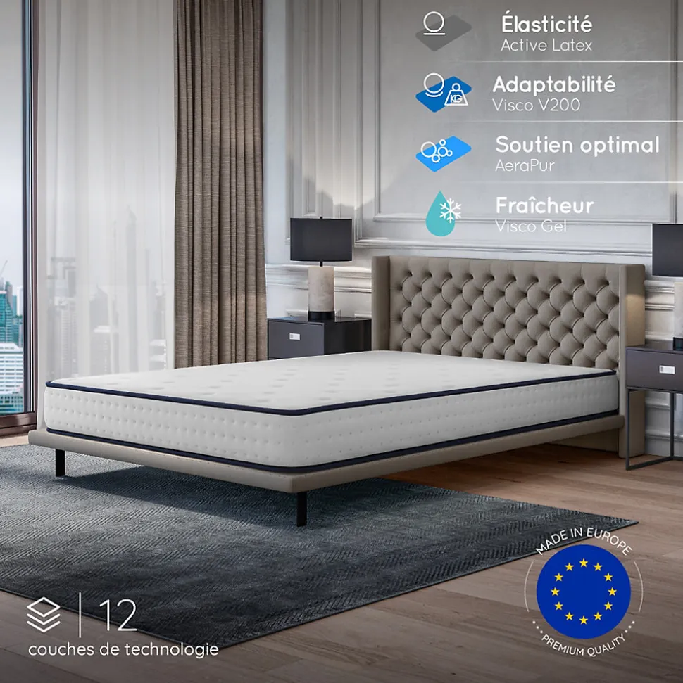 Matelas 160x200 - 21 cm - Mousse mémoire de forme - Blue Latex - Confort Équilibré - 7 zones - Réversible - Durable - Upsilon