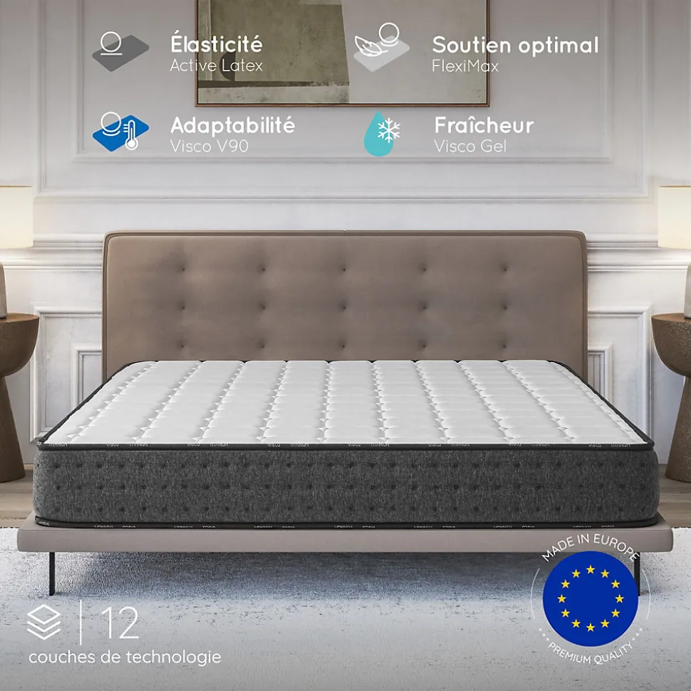 Matelas 135x190 + 2 Oreillers 60x60 Offerts - Épais 21 cm - Mousse - Blue Latex - 7 zones de soutien - Réversible - Equinox