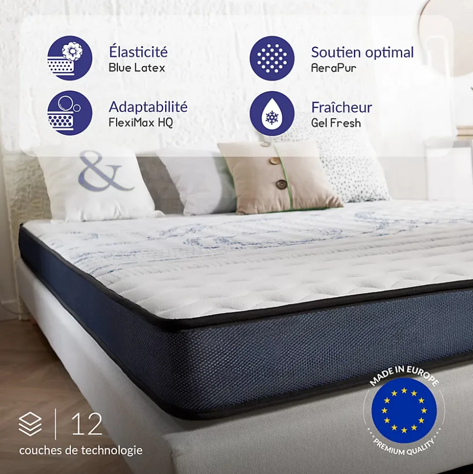 Matelas 90x190 à mémoire de forme - Épaisseur 15 cm - Blue Latex - 7 zones de confort - Hypoallergénique - Perfect Dream