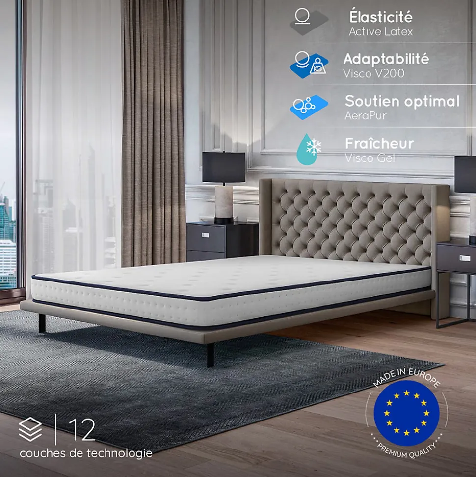 Matelas 160x200 - Mousse mémoire de forme - Blue Latex - Confort Équilibré - 7 zones - Réversible - Durable - Upsilon