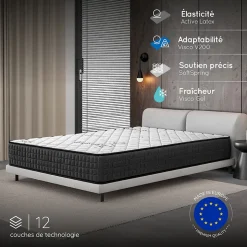 Matelas 140x200 - Épais 30 cm - Hybride - Blue Latex - Ressorts Ensachés - 7 zones - Face été/hiver - Confort Mi-Ferme - Gamma